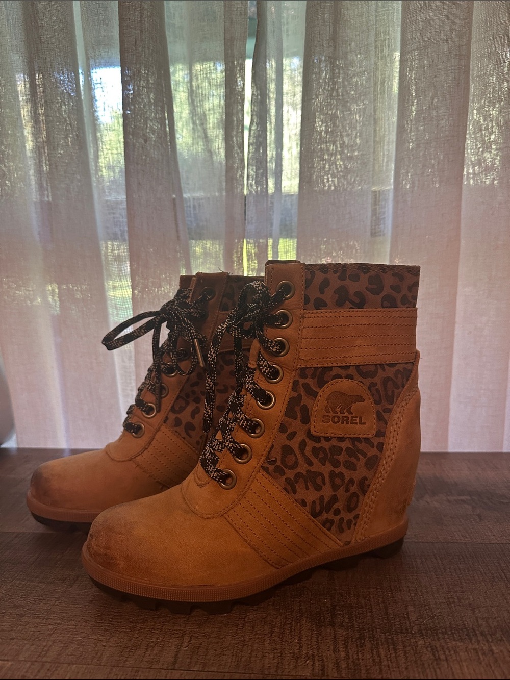 Sorel Women's Tan Suede Wedge Lace-Up Boots with Leopard Panels